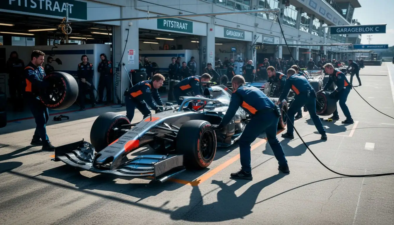 Formule 1-pitstop met monteurs die banden wisselen tijdens een Grand Prix