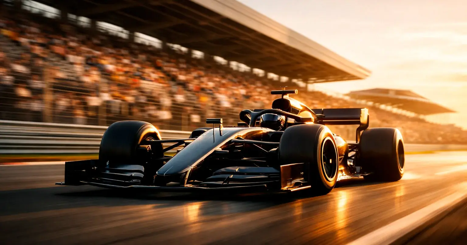 Formule 1-auto op het rechte stuk van een circuit met wazig publiek en lichtreflecties