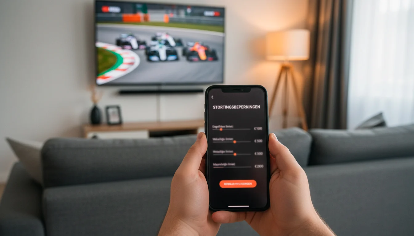 Persoon die stortingslimieten instelt op een telefoon met een Formule 1-race op de achtergrond op televisie